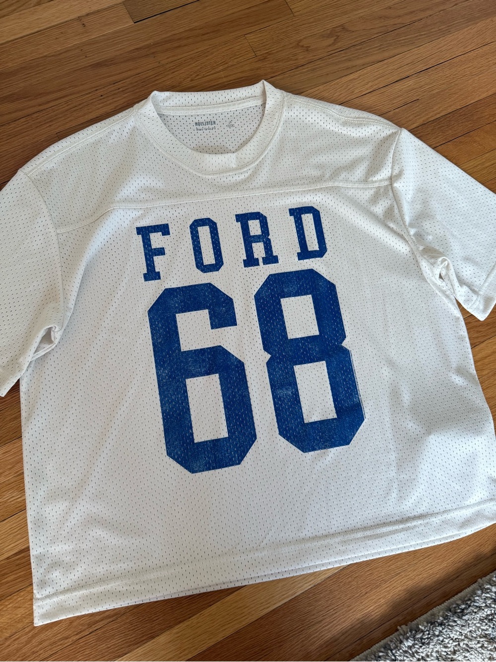 Hollister Boxy Crop Fit Mesh Jersey with Blue "FORD 68" Graphic Size S
